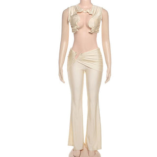 Irregular ruched hollow out solid pant set