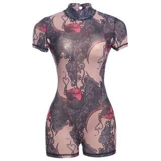 Short sleeve high neck print button romper