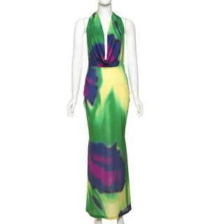 Cowl neck halter self tie print maxi dress
