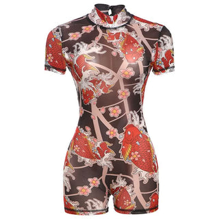 Short sleeve high neck print button romper