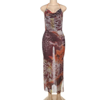 Beaded halter cowl neck print slit maxi dress