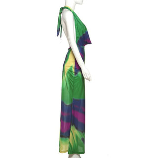 Cowl neck halter self tie print maxi dress