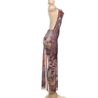 Beaded halter cowl neck print slit maxi dress