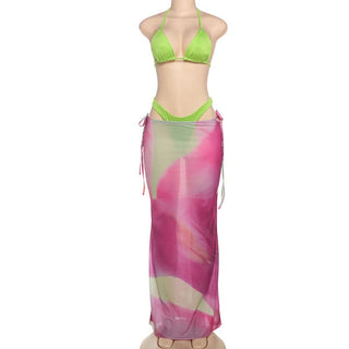 Halter self tie print hollow out 3 piece maxi skirt set