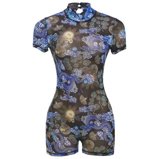 Short sleeve high neck print button romper