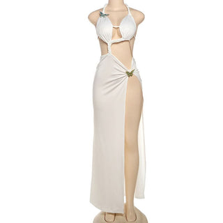 Slit hollow out halter butterfly applique cut out maxi dress
