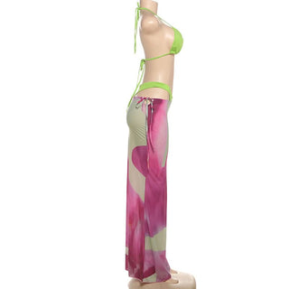 Halter self tie print hollow out 3 piece maxi skirt set