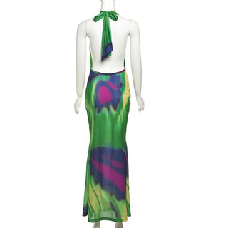Cowl neck halter self tie print maxi dress