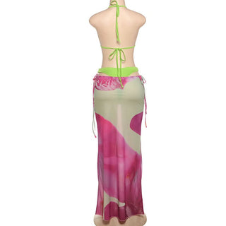 Halter self tie print hollow out 3 piece maxi skirt set