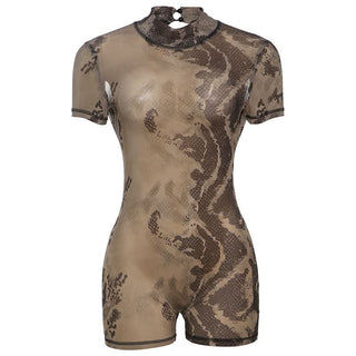 Short sleeve high neck print button romper