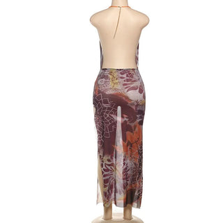 Beaded halter cowl neck print slit maxi dress