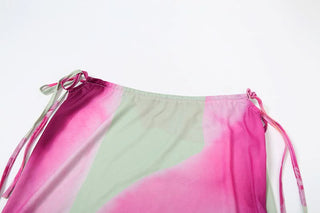 Halter self tie print hollow out 3 piece maxi skirt set