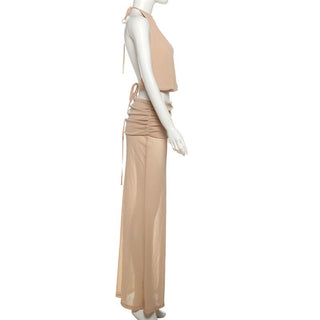 Ruched self tie halter backless maxi skirt set