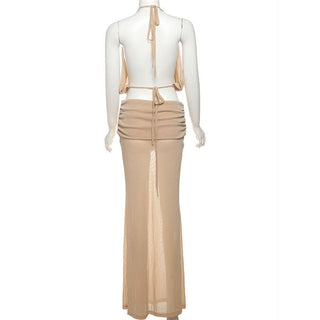 Ruched self tie halter backless maxi skirt set