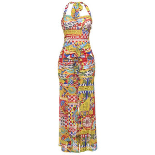 Print ruched halter self tie backless maxi dress