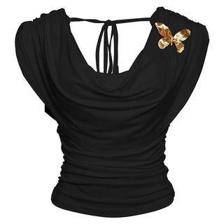 Ruched self tie cowl neck butterfly applique top