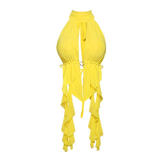 Hollow out ruched self tie halter cut out top