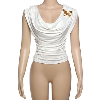 Ruched self tie cowl neck butterfly applique top