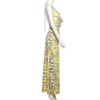 Cowl neck print halter self tie slit maxi dress
