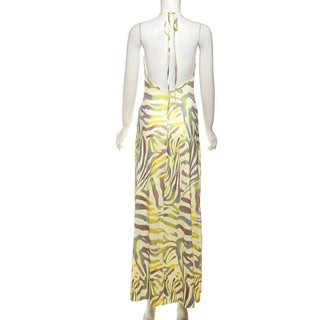 Cowl neck print halter self tie slit maxi dress