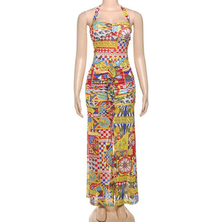 Print ruched halter self tie backless maxi dress