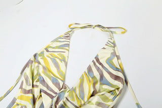 Cowl neck print halter self tie slit maxi dress