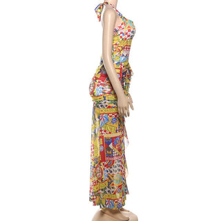 Print ruched halter self tie backless maxi dress