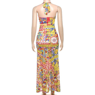 Print ruched halter self tie backless maxi dress