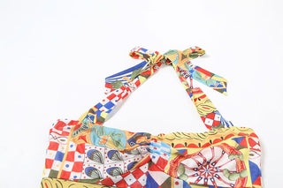 Print ruched halter self tie backless maxi dress