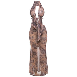 Halter ruched self tie print maxi skirt set