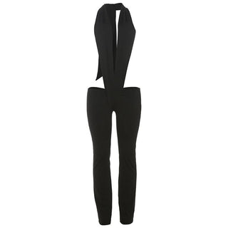 Halter deep v neck self tie backless jumpsuit
