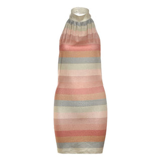 Button halter striped print backless mini dress