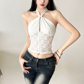 Halter self tie lace hollow out button cut out top