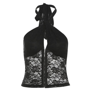 Halter self tie lace hollow out button cut out top