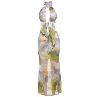 Halter ruched self tie print maxi skirt set