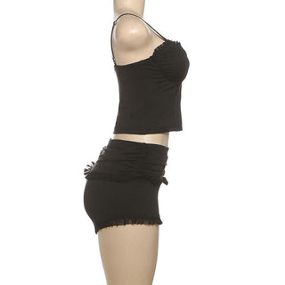 Ruffle v neck backless solid cami pant set