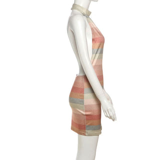 Button halter striped print backless mini dress