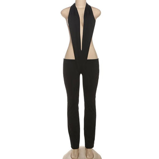 Halter deep v neck self tie backless jumpsuit