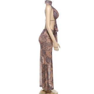 Halter ruched self tie print maxi skirt set