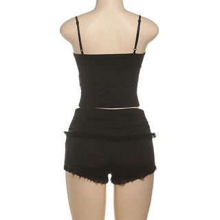 Ruffle v neck backless solid cami pant set