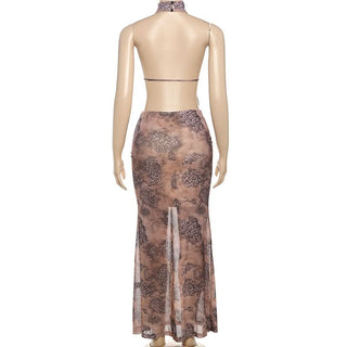 Halter ruched self tie print maxi skirt set