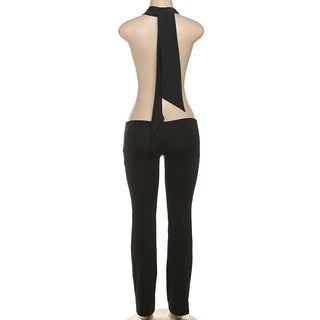 Halter deep v neck self tie backless jumpsuit