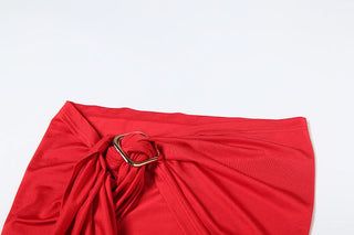 Ruched self tie irregular tube mini skirt set