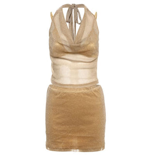 Cowl neck halter self tie 3 piece mini skirt set