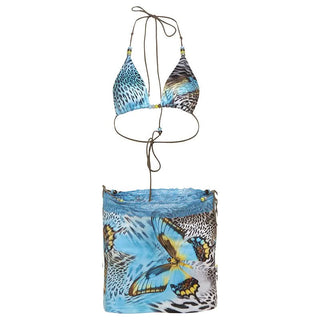 Halter self tie lace hem print 3 piece mini skirt set