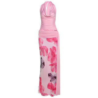 Self tie halter cowl neck flower print maxi skirt set