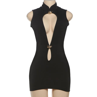 Hollow out zip-up v neck solid cut out mini dress