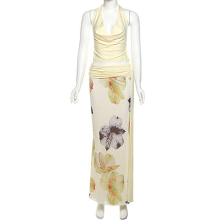 Self tie halter cowl neck flower print maxi skirt set