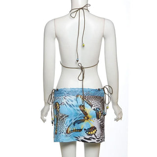 Halter self tie lace hem print 3 piece mini skirt set