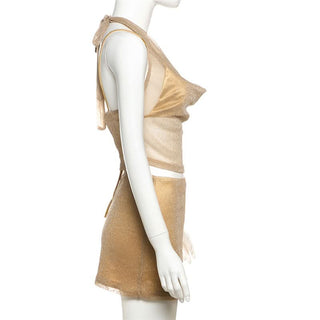 Cowl neck halter self tie 3 piece mini skirt set